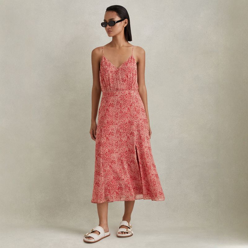 

New British RS Home Pure Yuan Niche Sling Floral Split Holiday Style Fashion Slimming Dress Women Red UK16