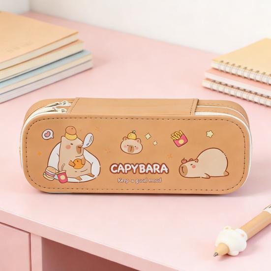 Dual-Layer Pencil Case Faux Leather Cute Stationery Bag Large Capacity Portable Pen Pouch for School Office Supplies