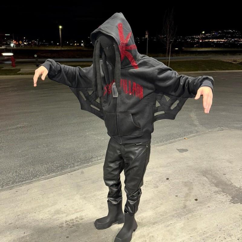 Y2K Gothic Winged Hoodie With Rhinestone Letters Full Zip Oversized Streetwear Sweatshirt Women