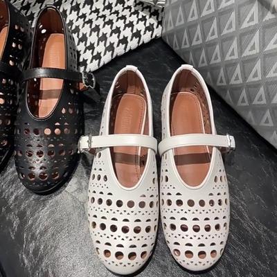 Cowhide Version~ Spring and Summer Leather Shallow Mouth One-word Buckle Belt Hollow Round Head Flat Bottom Inner Single Shoe Women's Ballet Leathe