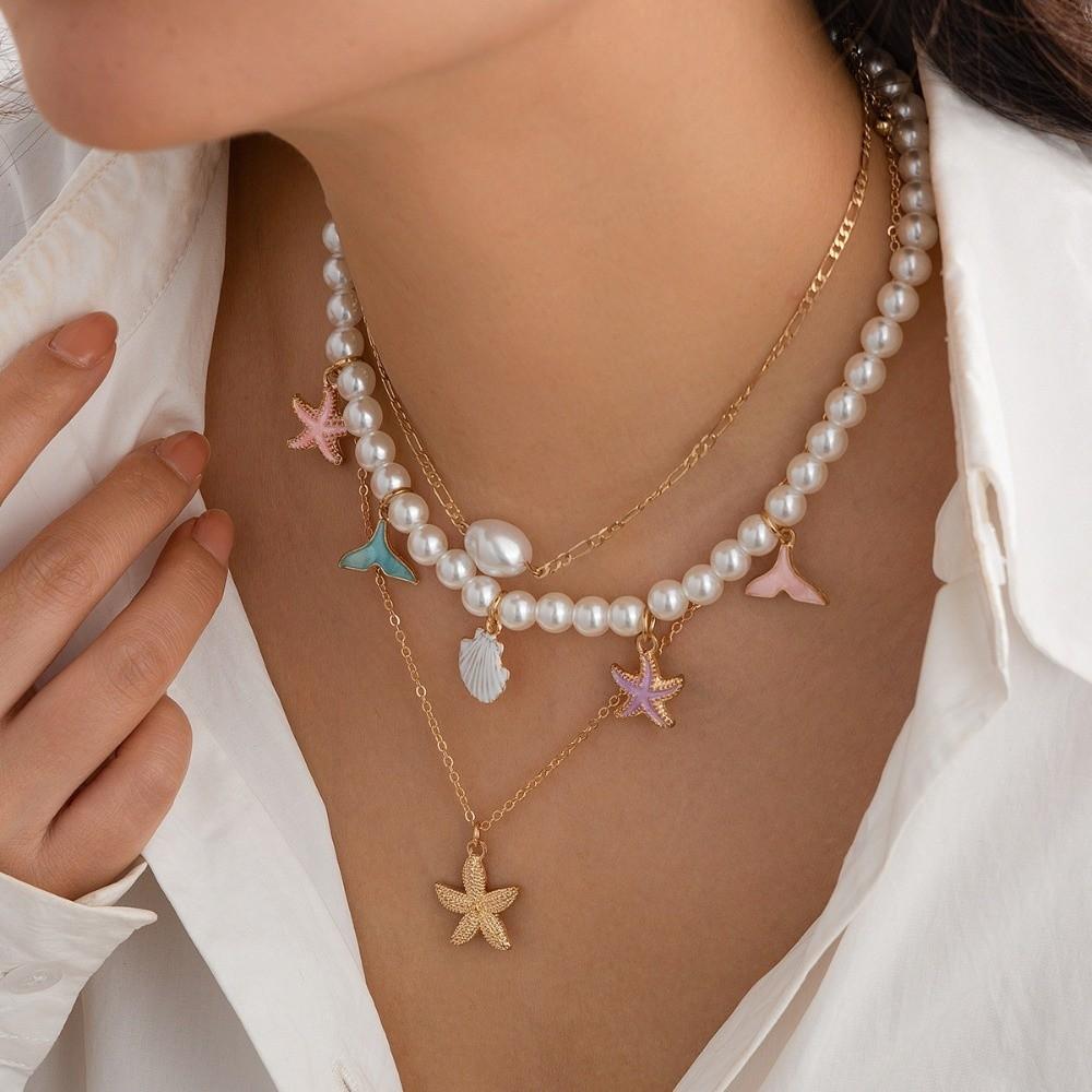 3Pcs/Set Imitation Pearl Beaded Starfish Choker Multilayer Seashell Choker  Jewelry Style C