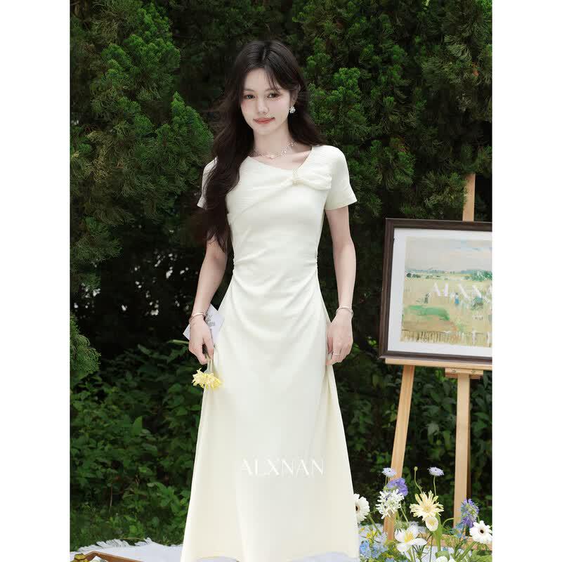 Women s French Style Apricot Pleated A-Line Midi Dress M