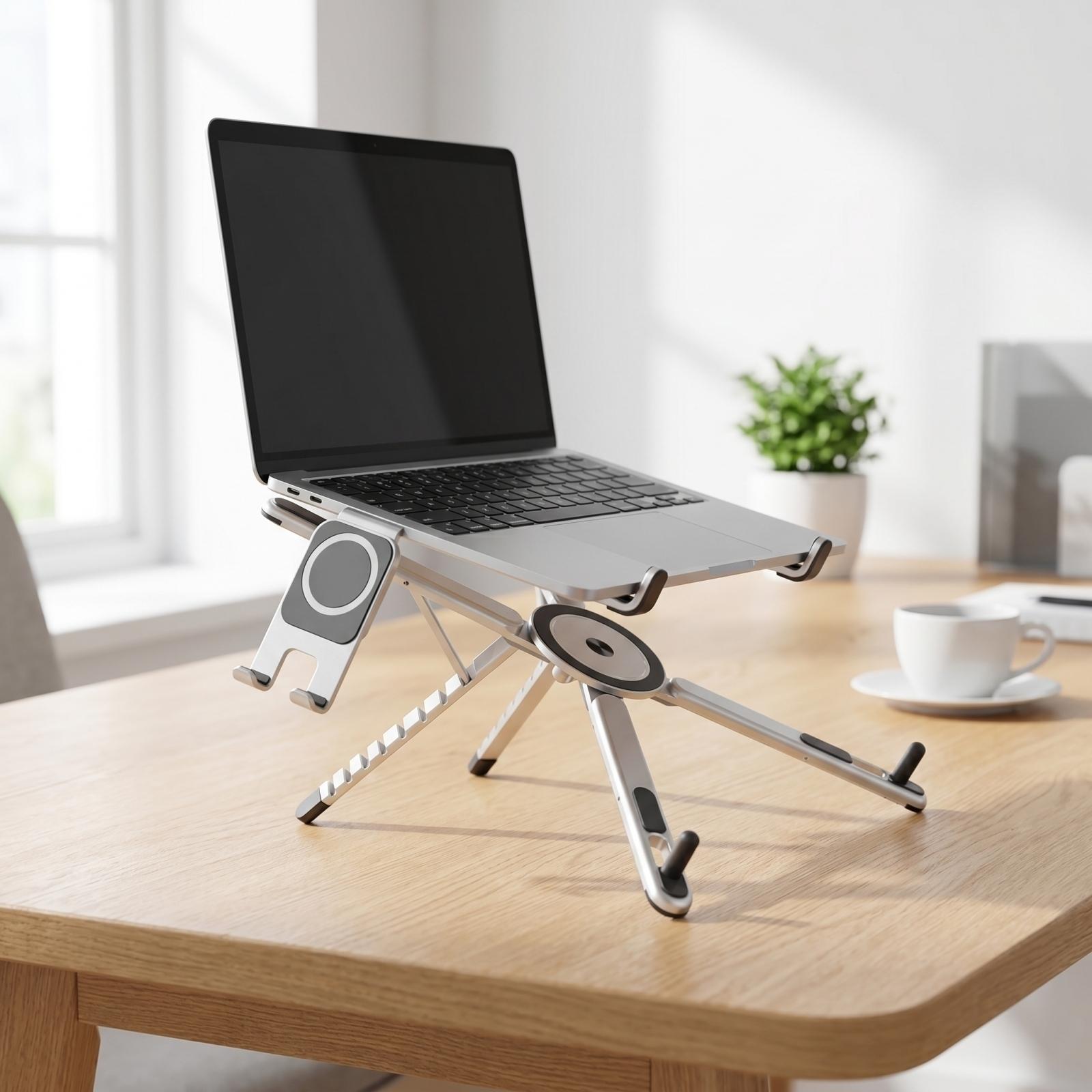

Adjustable Aluminum Laptop Stand with Integrated Magnetic Phone Holder Portable Foldable Desktop Riser Compatible with Laptops and Tablets One Size білий