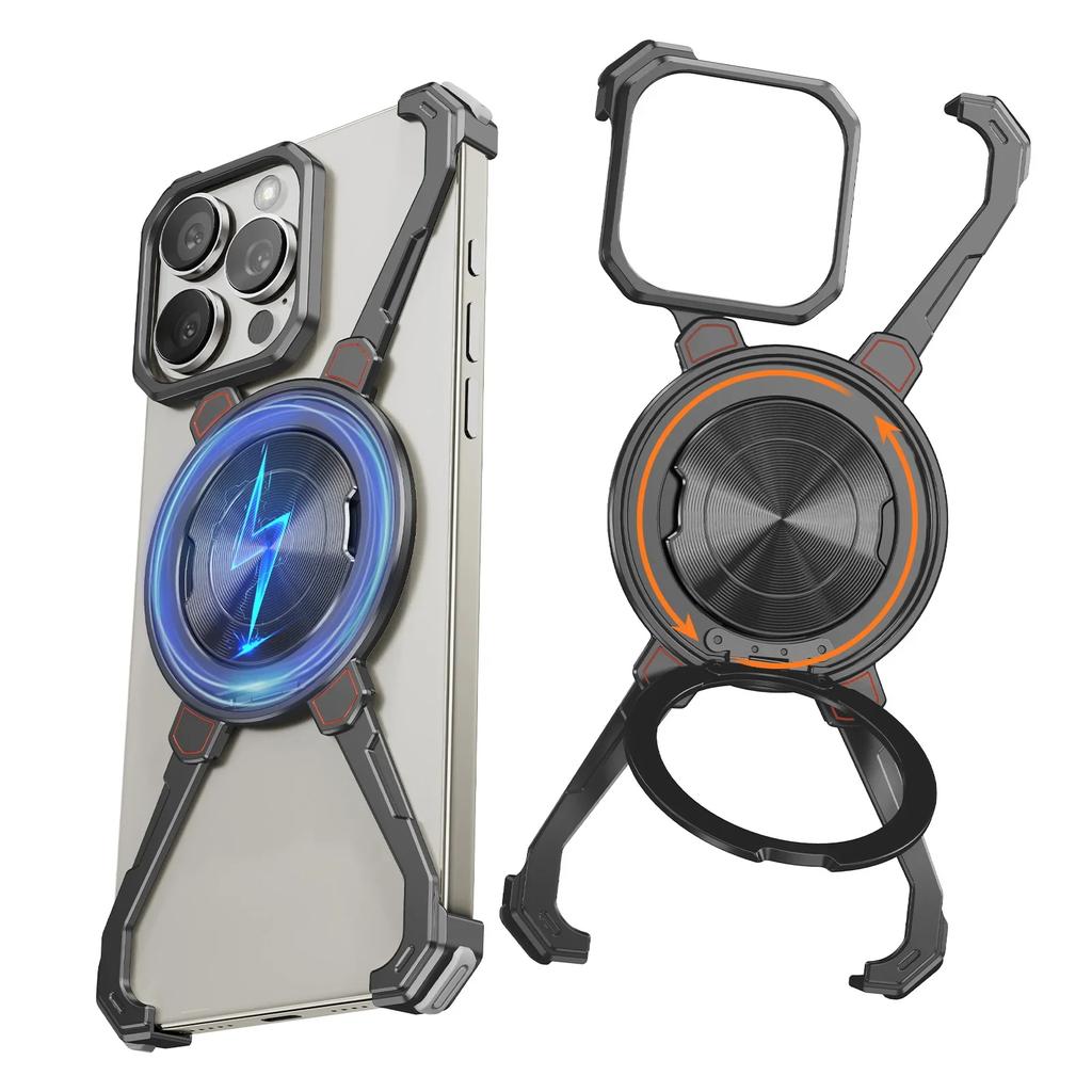 Oatsbasf X Shape Frameless Case for iPhone 16 15 14 13 Pro Max w/ Ring Stand Bezel Less Metal Shockproof Bumper Phone Cover