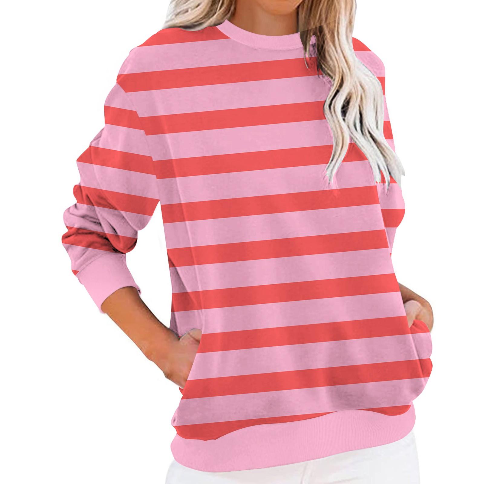 

Женский круглый вырез повседневный длинный рукав с карманом полосатый модный пуловер топ S