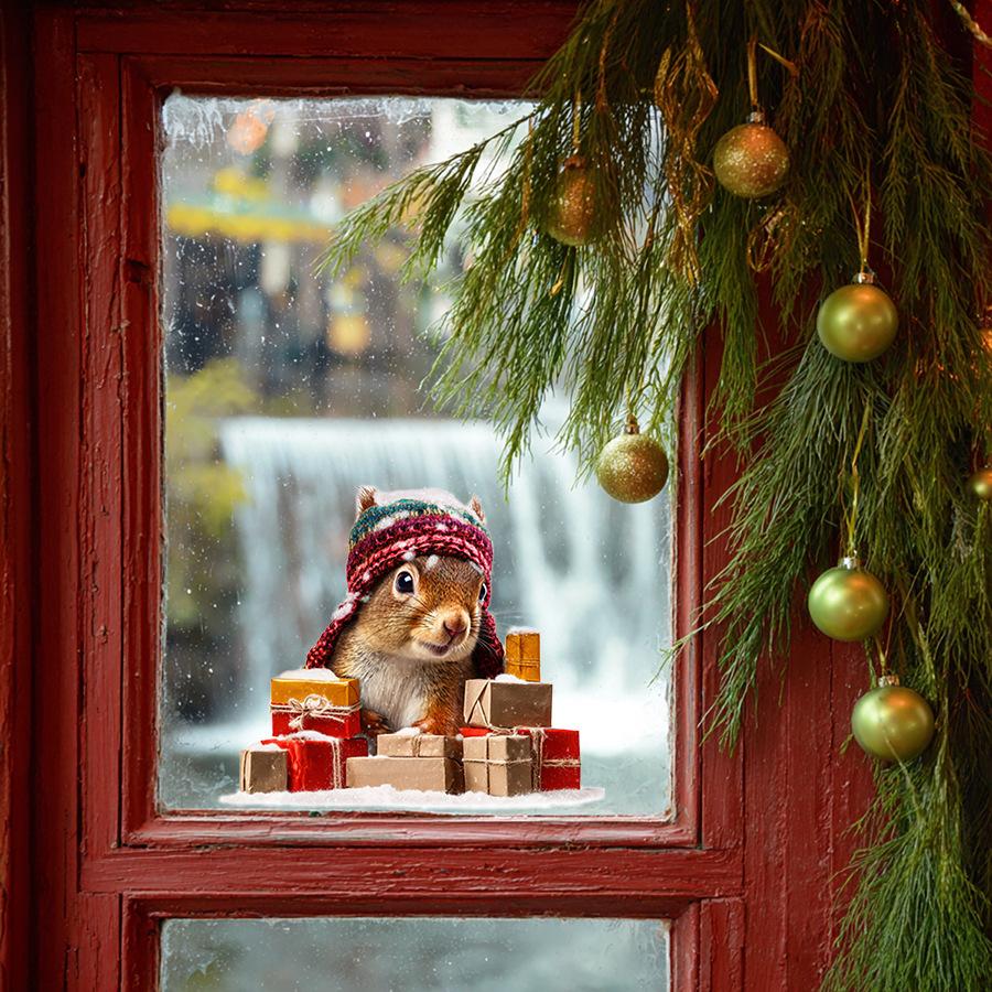Vollständig transparente UV-Weihnachten Kleines Eichhörnchen Vollständig transparent Doppelseitig sichtbar Glas Heimdekorationsaufkleber