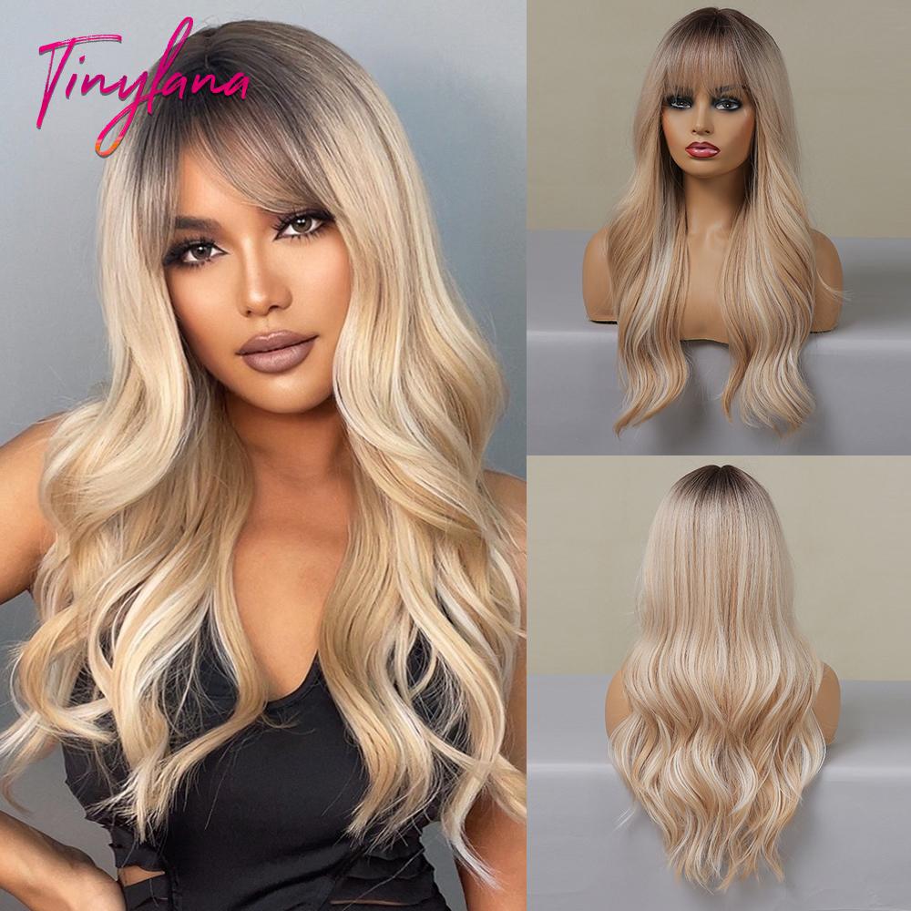 Orange Ginger Synthetic Wig Long Water Wavy Wigs For Women With Bangs Halloween Cosplay Party Daily Natural Heat Resistant Wig