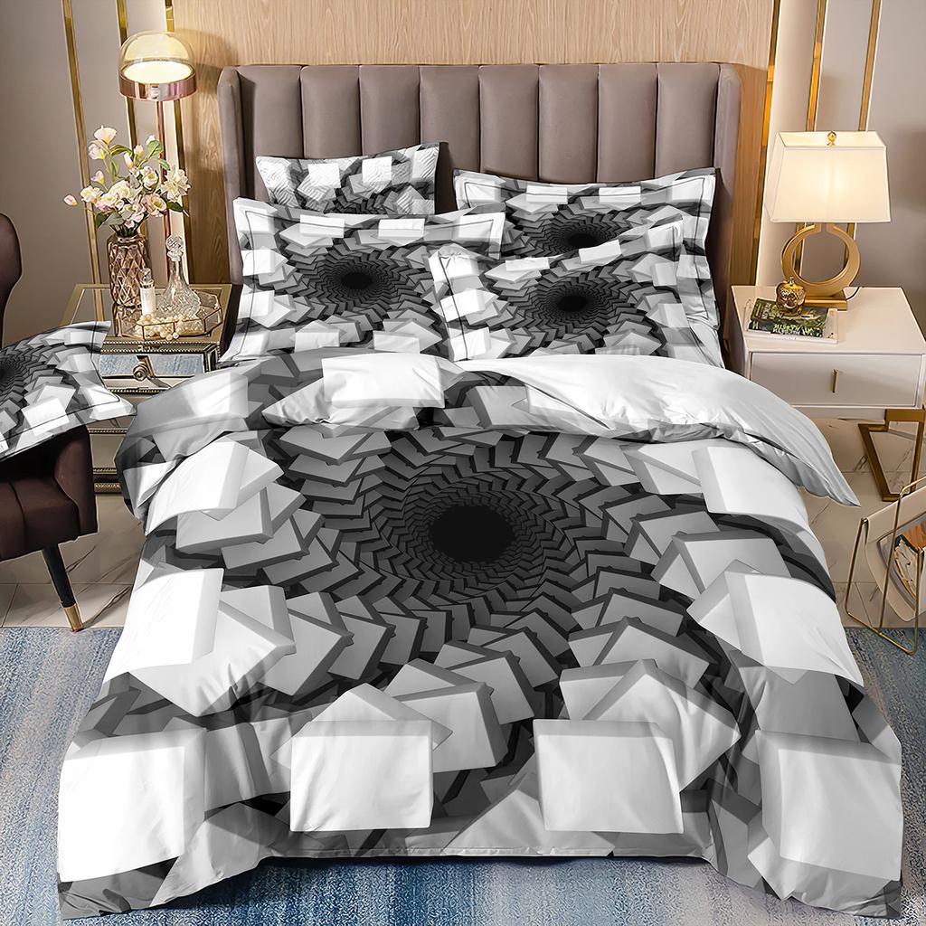 Microfiber Bedding Set For Double Bed Abstract Style Print Honeycomb Quilt Cover Duvet Cover Pillowcover Black And White