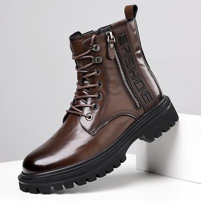 Fashion Winter Plush High Top Casual Shoes British Style Side Zipper Men's Motorcycle Boots Fashion Thick Soled Business Leather Boots