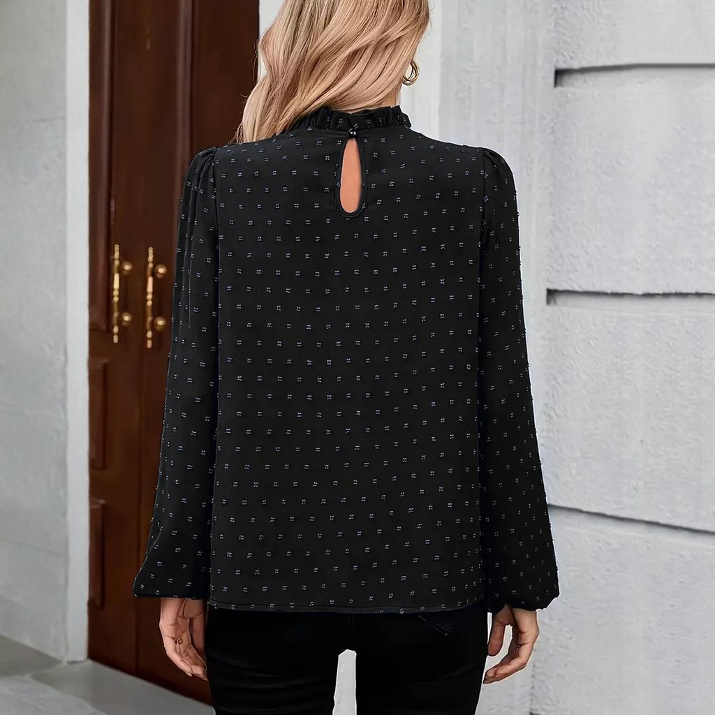 Women's Fashion Casual Polka Dot Pleated Round Neck Long Sleeve Color Top