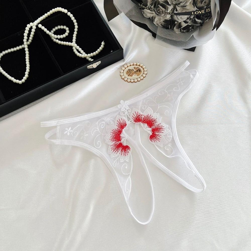 Stretchy Strappy Open Crotch Briefs Floral Embroidery Sheer Mesh Panties Lace Thong  Ladies Girls