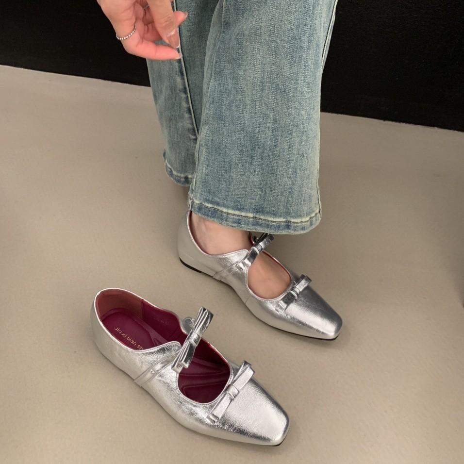 2025 Spring New French Temperament Double Bow Square Head Inner Height Increase Mary Jane Shoes Small Fragrant Single Shoes