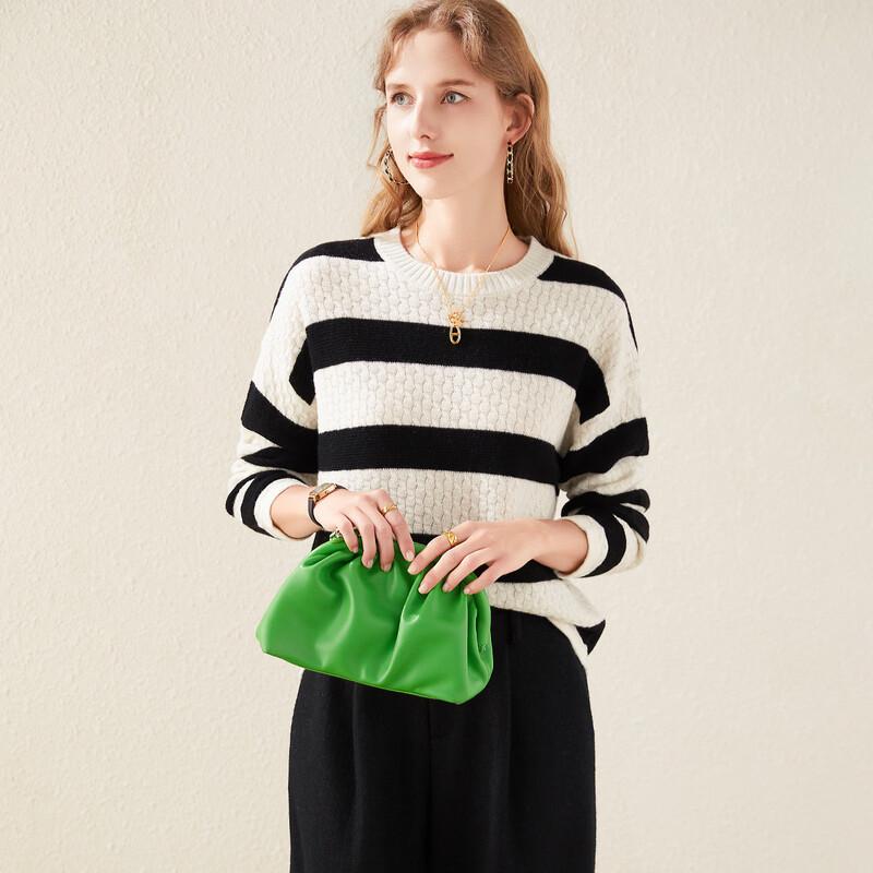 TUHUANG Women's Thickened Pure Wool Striped Color Block Round Neck Sweater
