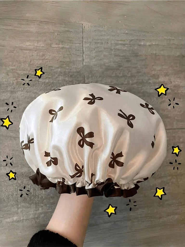 Waterproof Double-Layer Bow Shower Cap, Elastic Shower Cap, Adult Kitchen Oil-Proof Cap, Bathroom Hair Drying Cap