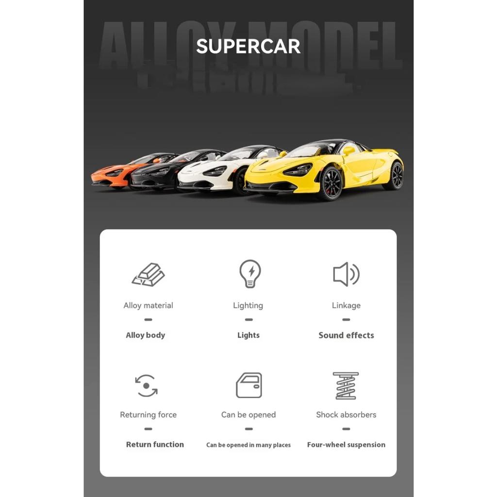 1/24 Mclaren 720S Alloy Sports Car Model with Four Wheels and Shock Absorption Function, Suitable As A Holiday Gift for Children