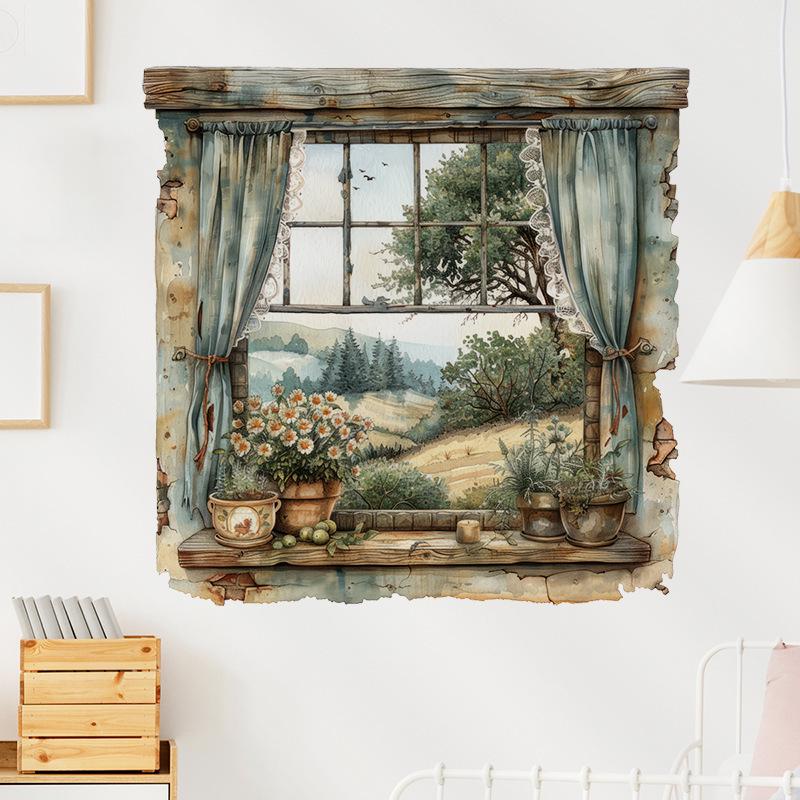 Forest-style Bedroom Sofa Wall Stickers: Window, Plants, Flowers, Cat Mural Decoration