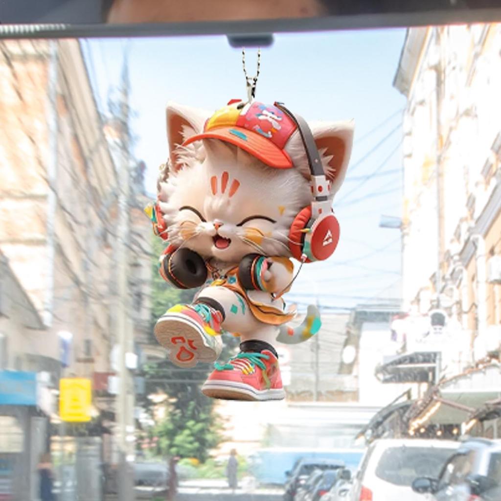 Acrylic Cat Car Pendant, Acrylic Cat Decoration, Kitten Car Charm with Headphones, 2D Acrylic