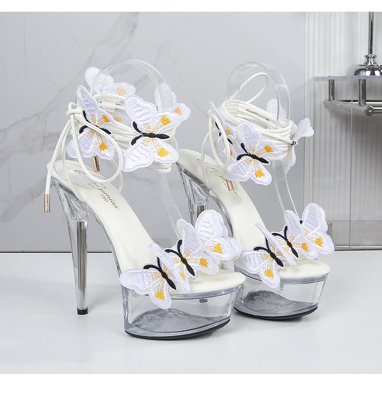 Strap Shoes Butterfly Sexy Super High Heels 15CM Thin Heel Waterproof Platform Sandals Transparent Crystal LFD
