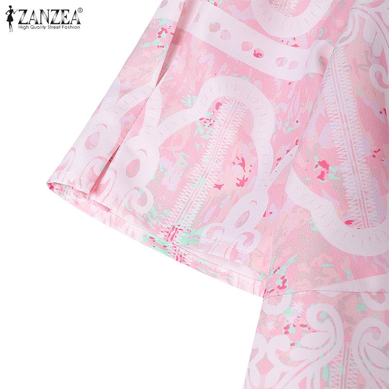 ZANZEA Damen Lässig V-Ausschnitt Kurzarm Print Elegantes Kleid