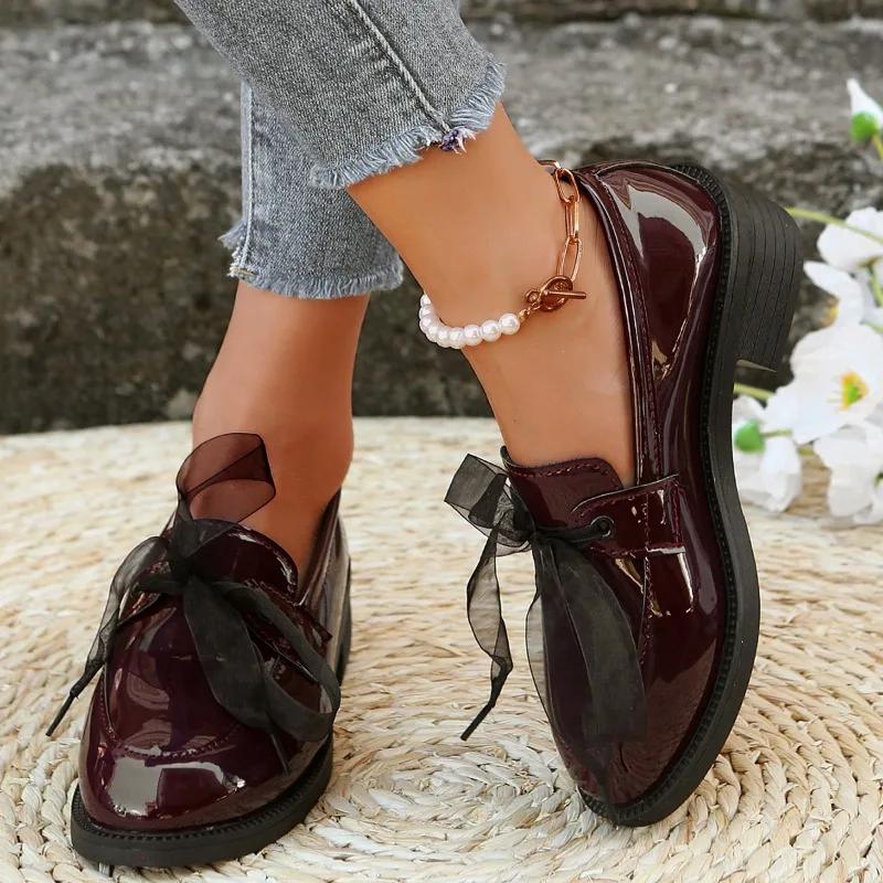 Women Chunky Loafers Fashion Bowknot Patent Leather Mid Heels Shoes 2024 Autumn Female New Brand Designer Pumps Mujer Zapatillas