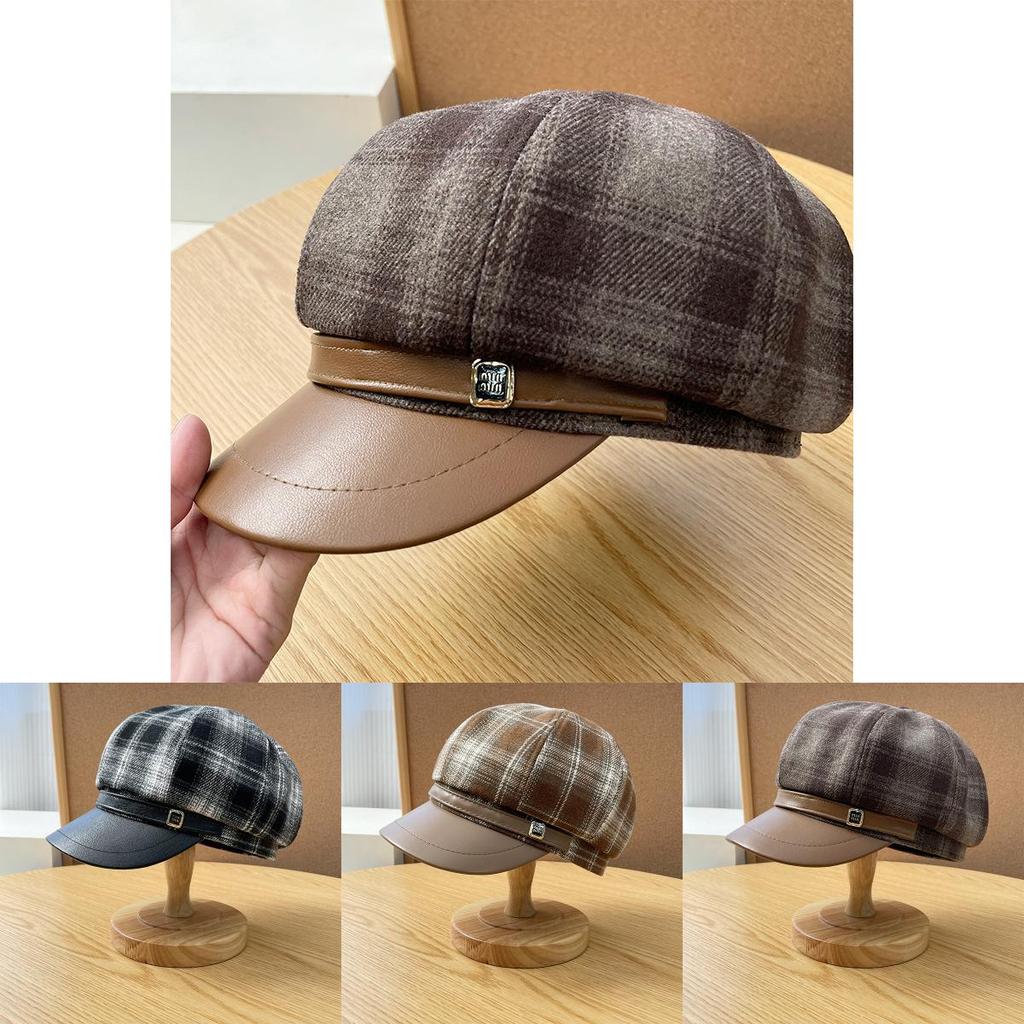 Octagonal Hat Women Autumn Winter Pu Leather Plaid Brim Casual Fashion Accessory For Travel