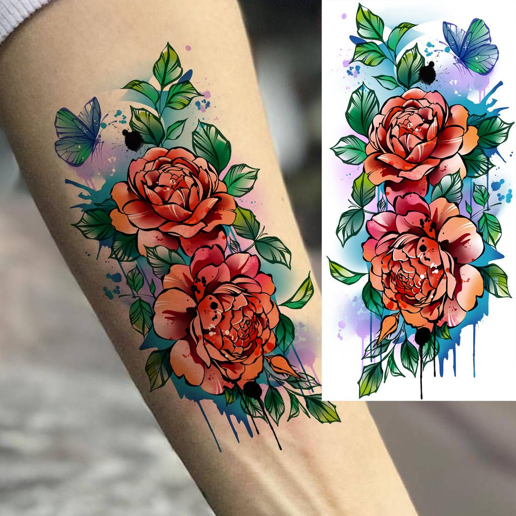 1 Sheet Butterfly Watercolor Flower Tiger Temporary Tattoos For Women Men Adults Fake Phoenix Parrot Lotus Tattoo Sticker Sleeve