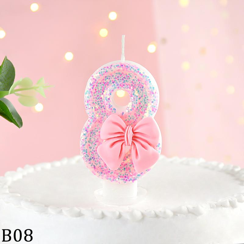 3D Number Cake Decorating Candles Cute Pink Bow Baby Girl Birthday Cake Topper Decor Wedding Party Supplies 0-9 Digital Candle