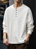2025 Herren Weiß Baumwolle Henley-Kragen Hoodie Langarm T-Shirt, Amerikanischer Stil