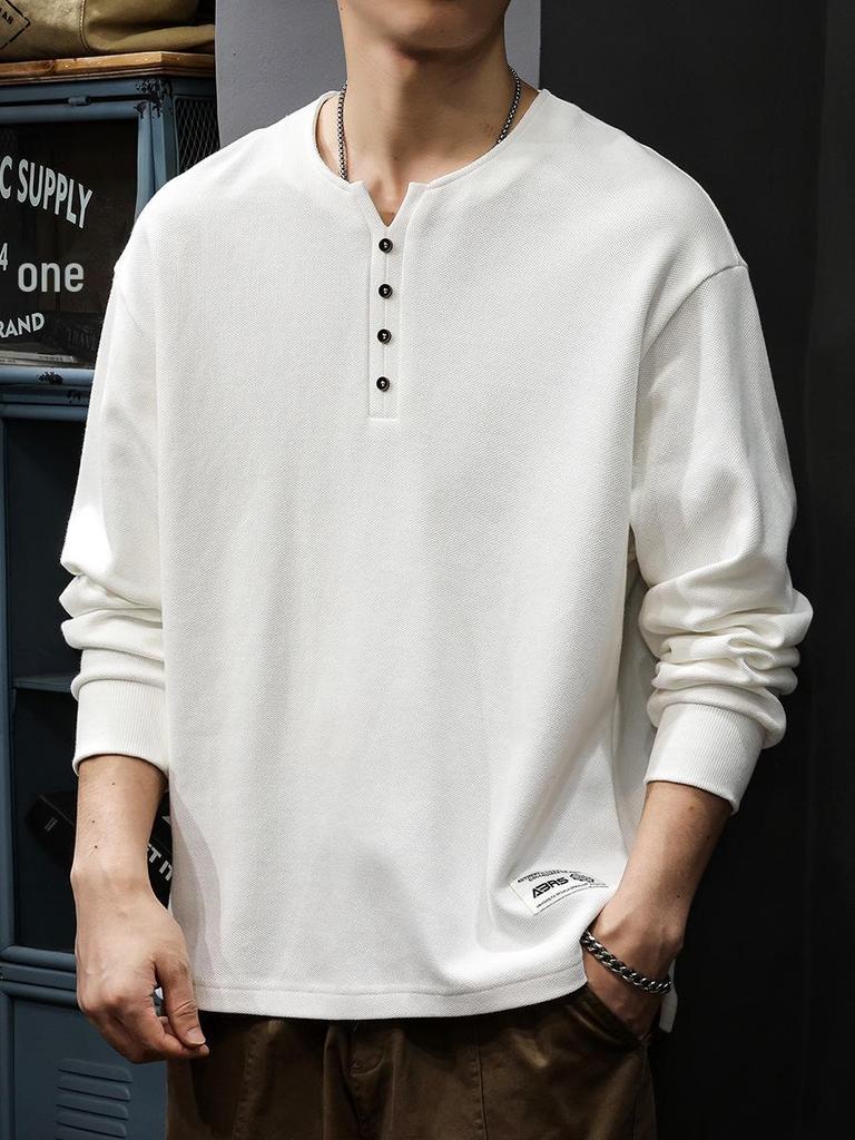 2025 Herren Weiß Baumwolle Henley-Kragen Hoodie Langarm T-Shirt, Amerikanischer Stil