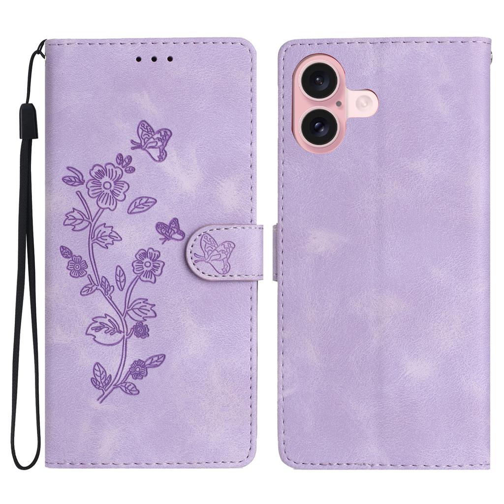 For iPhone 17 Case Leather Imprinted Flower Phone Cover Wallet with Wrist Strap