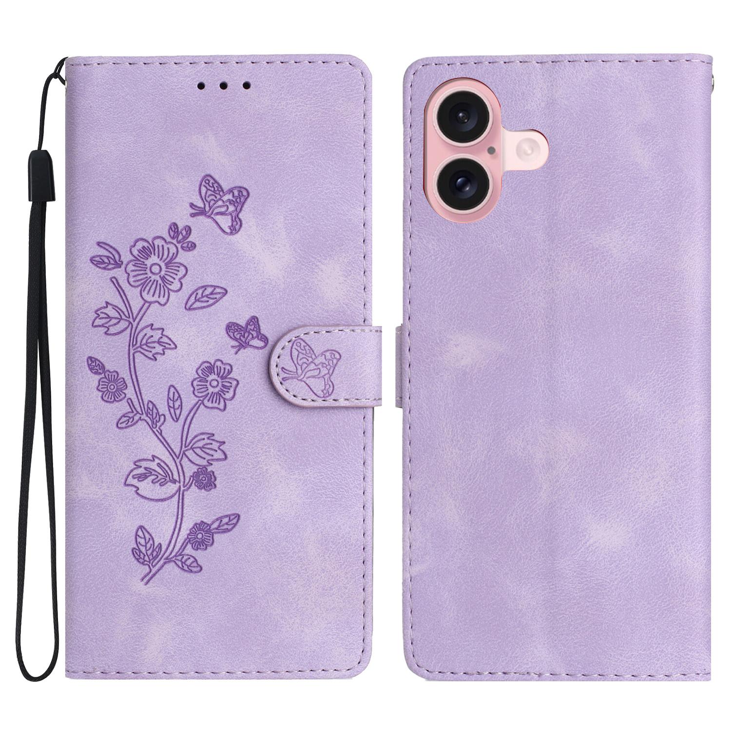 

For iPhone 16 Plus Case Leather Imprinted Flower Card Slots Pocket Phone Cover with Wrist Strap Purple