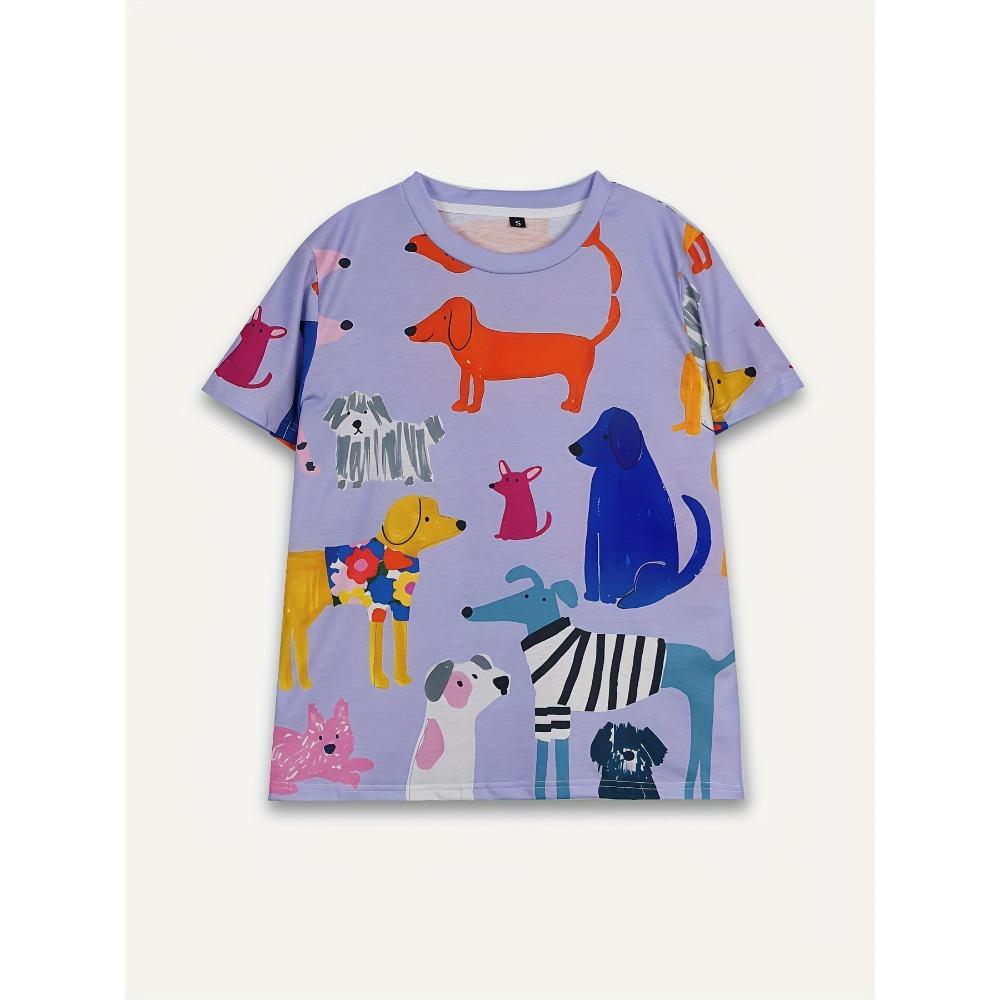 Women's Tee - Colorful Cartoon Dog Pattern Graphic, Playful Pet Print Design for Casual Daily Wear