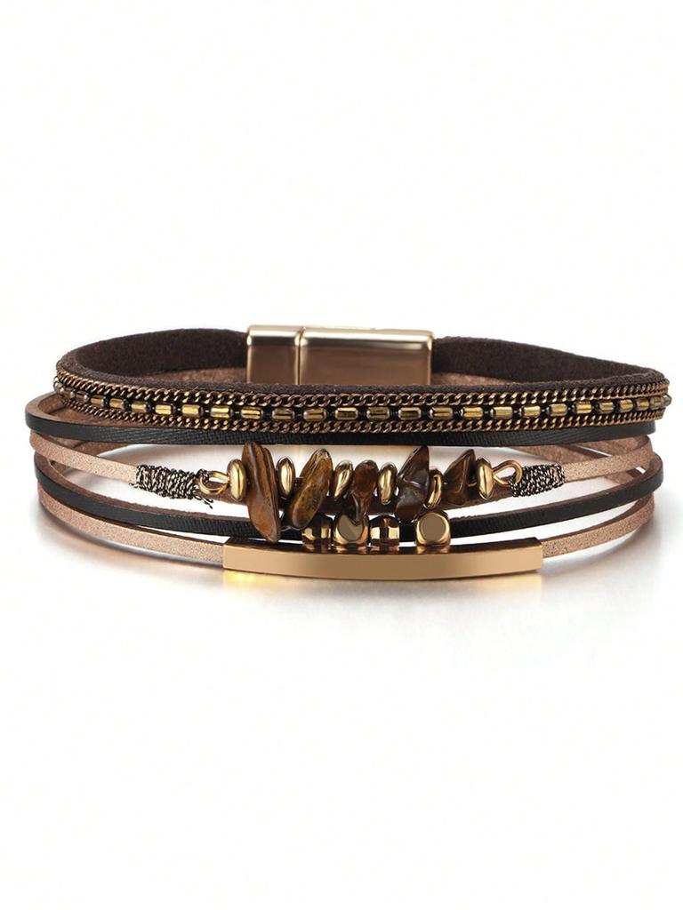 One Piece Europeisk och Amerikansk Stil Natursten Pärlstav Mässingsrör Design Kohudsläder Rep Kvinnor Grön Armband Sommar Strand