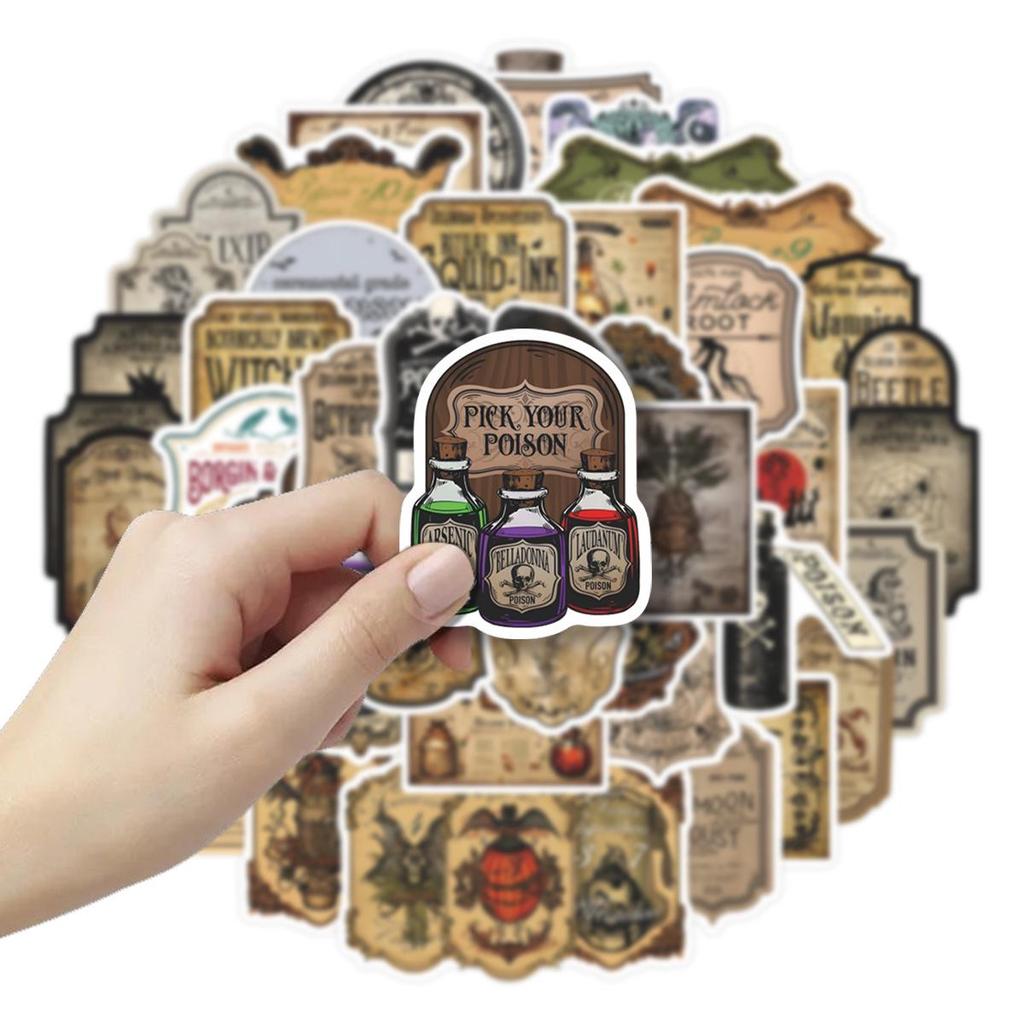 50pcs Retro Witchcraft Poison Bottle Stickers for Planner & Phone Case - Waterproof DIY Decorative Set