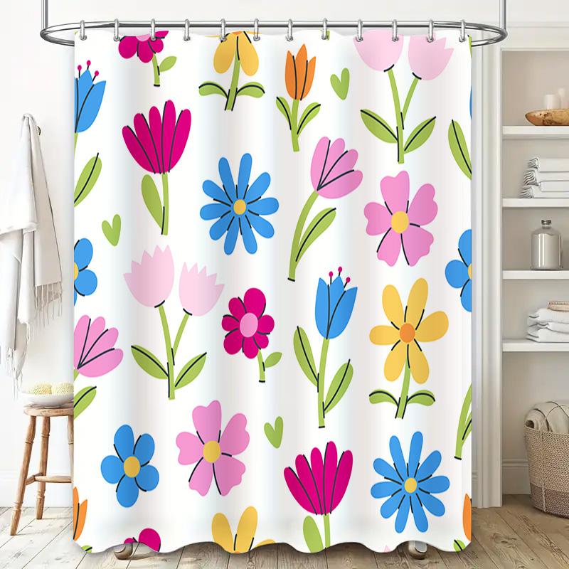 Bathroom Shower Curtain Multicolored Floral Design for Girls Kids Bathroom Decor in White Yellow Blue Pink Red Purple Colorful B