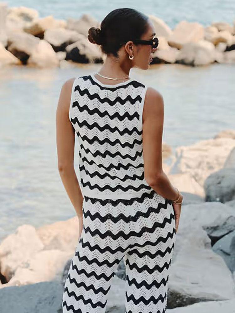 2025 Wave Striped Knit 2 Piece Set Women Chic Top Lace-up Long Pant Knitwear Sets Holiday Swimsuit Cover Up Summer Outfits K130