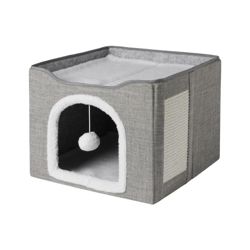 Double Layer Cats Cave Bed with Scratching Pad Foldable Design Space Saving Cats Shelter House for Indoor Habitats