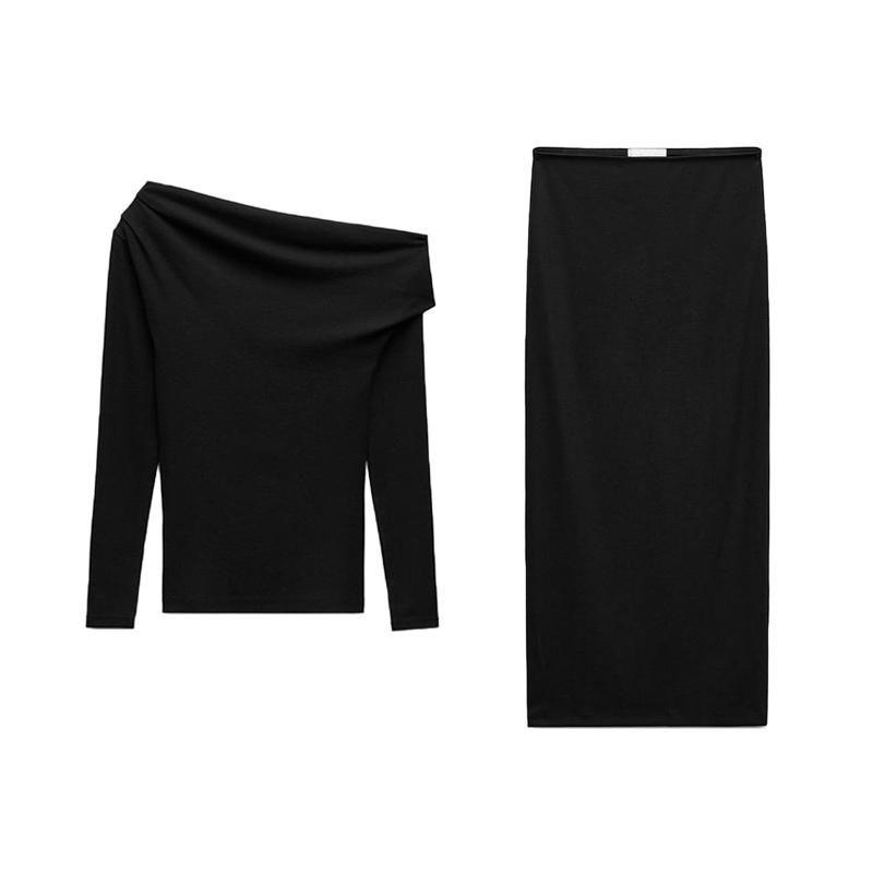 Spring New Women's Clothing Easiest for Match Midi Dress 0264323 Soft Asymmetric off-Shoulder Tops 0264322