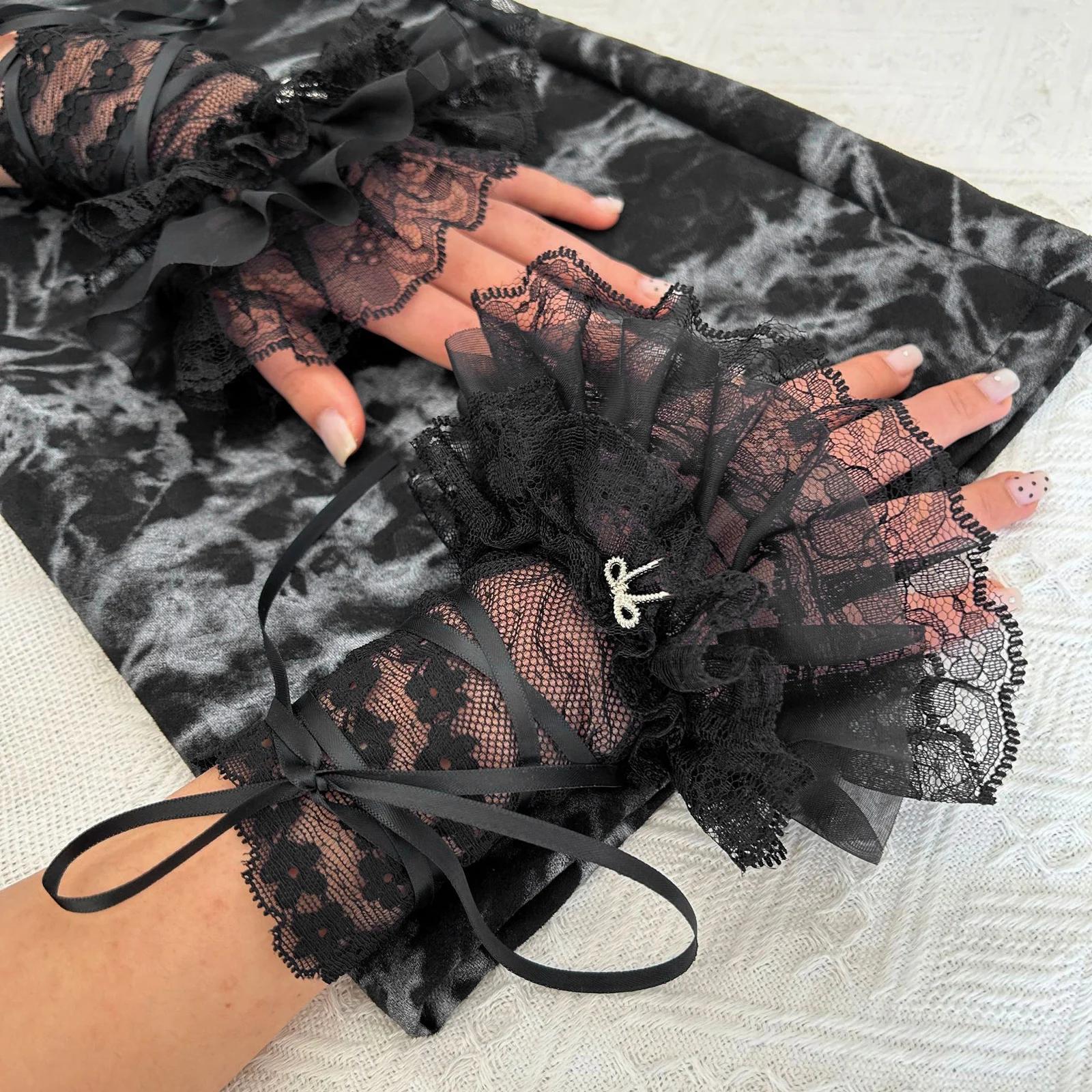 Women Bow Tie-up Lace Ruffle Arm Warmers Summer Y2K Gothic Gloves for Bridal Party Fingerless Gloves One Size чёрный