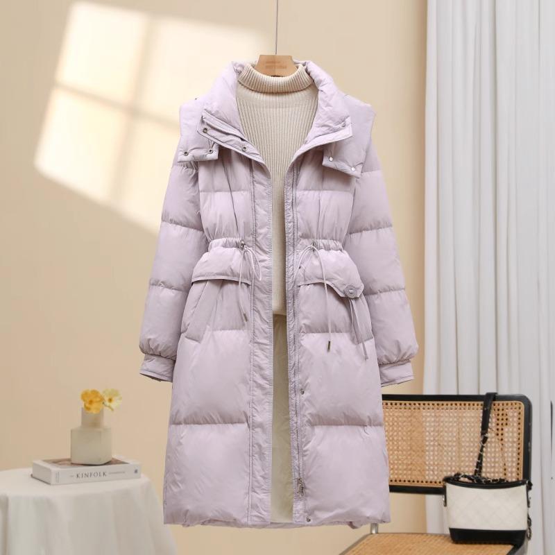 2025 Winter New Down Jacket Women's Medium and Long Over-knee Thickened Hooded Skinny Waist White Duck Down Jacket