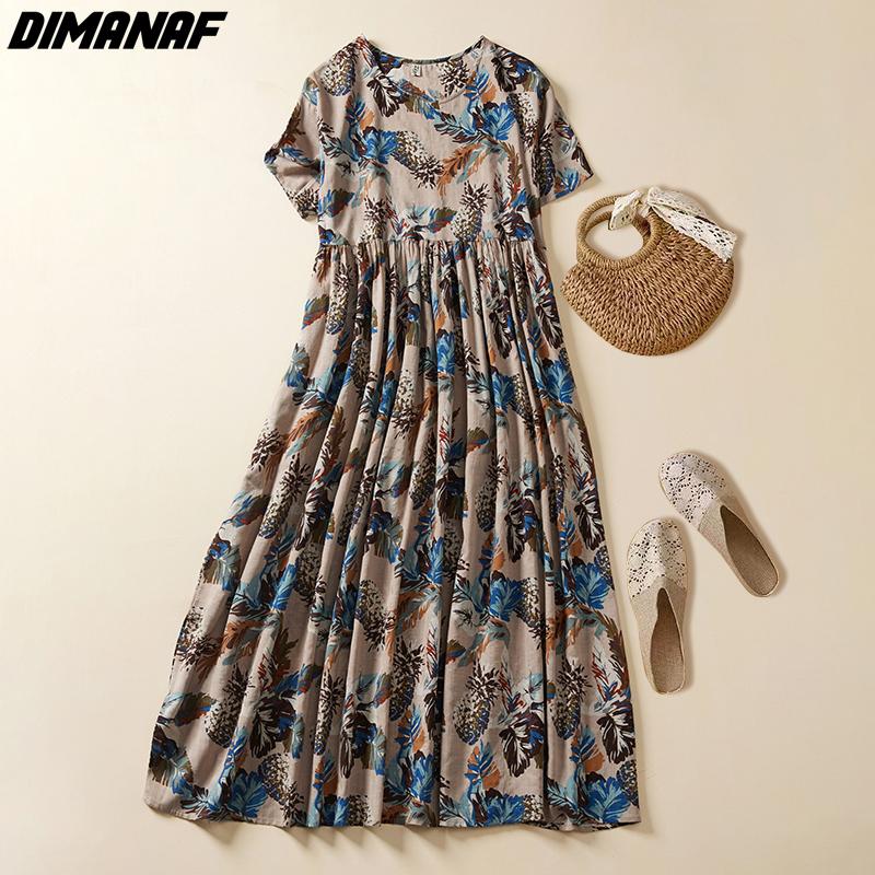 DIMANAF Plus Size Sommerkleid Strand Leinen Blumenmuster Casual Damen Vintage Groß 2022 Neues Kleid O-Ausschnitt Sommerkleid