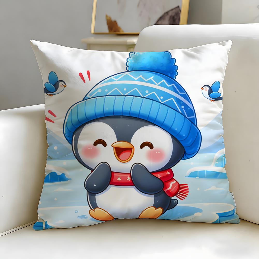 classic cartoon Cute Cartoon Penguin Cushion Cover Soft  EasyWash Pillow Case  Versatile for Couch Bed Travel and Office