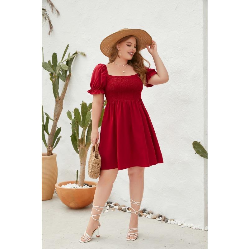 Plus Size Women's Plus Size Solid Color Casual Vacation Travel Square Neck Bubble Sleeve Dresses