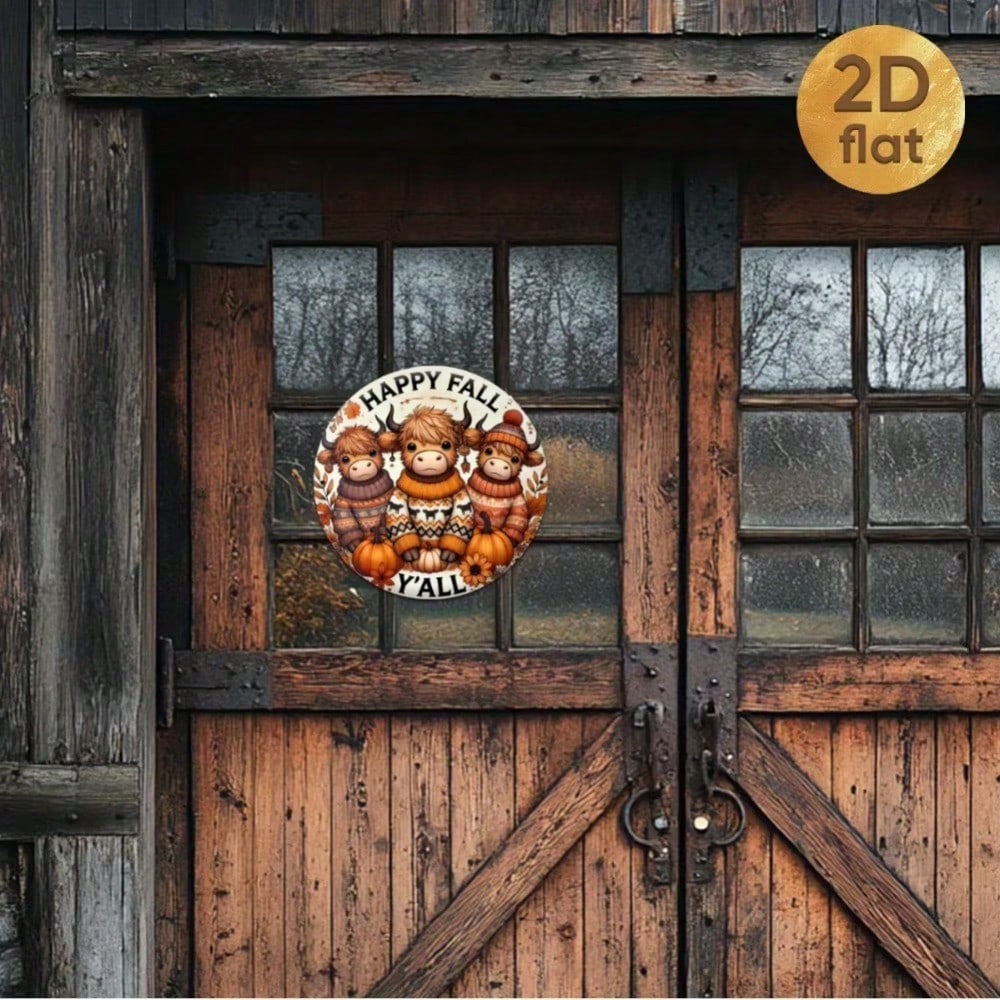 Vintage Happy Fall Yall Highland Cow Wreath Iron Wall Art Sign Home Decor for Halloween Bathroom Bedroom Kitchen Living Room Cafe Bar Porch
