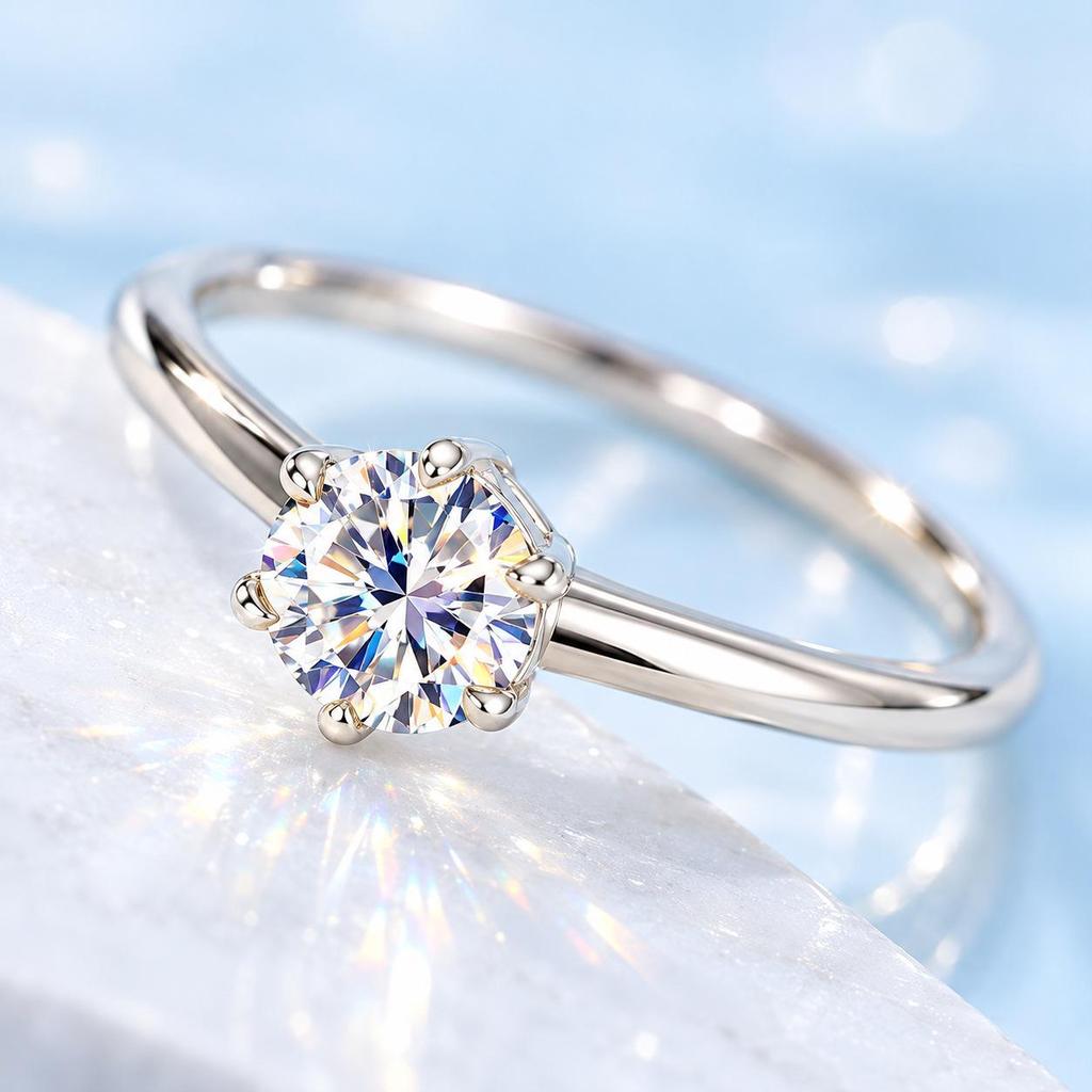 Silver 925 Six-Claw Moissanite Ring with 0.5 Carat D Color Diamond