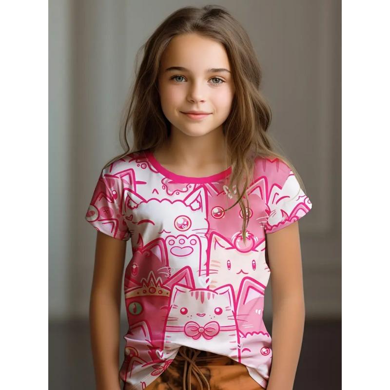 Buntes Katzenmädchen T-Shirt Niedliche Muster Sommer Kurzarm 3D Druck Mädchen Oberteil Mode Lässig Streetwear Kinderkleidung