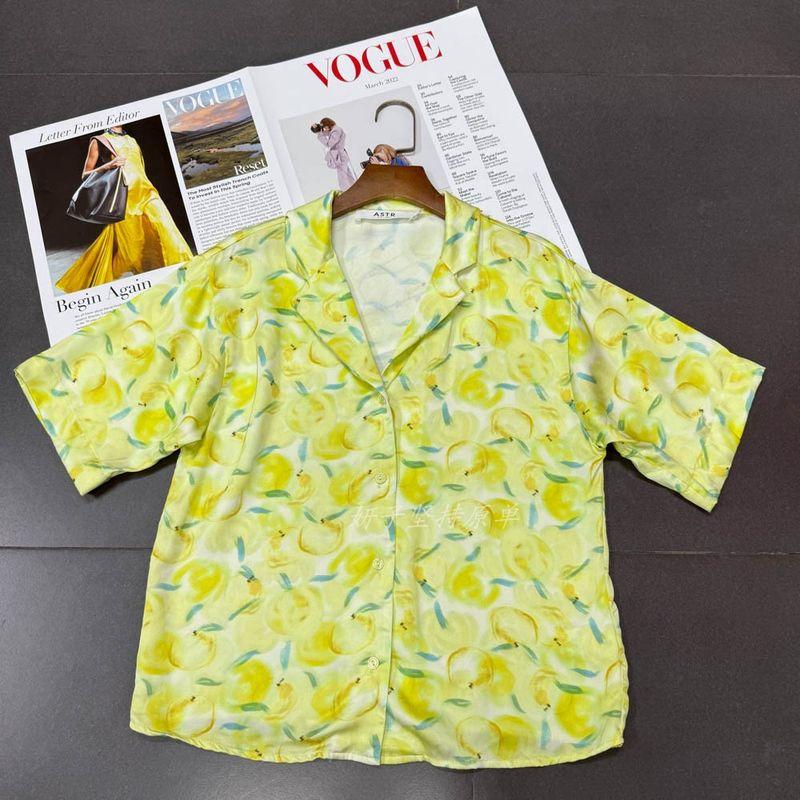Foreign Trade Order a **R Yellow Lemon Oil Painting Print Loose Version Lapel Bright Color Comfortable Short Sleeve Shirts Top