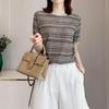 Qooth Women Plaid Knitted Base Shirt Office Lady Fashion Elegant Slim Short Sleeved Knit Top For Spring Summer QT2071