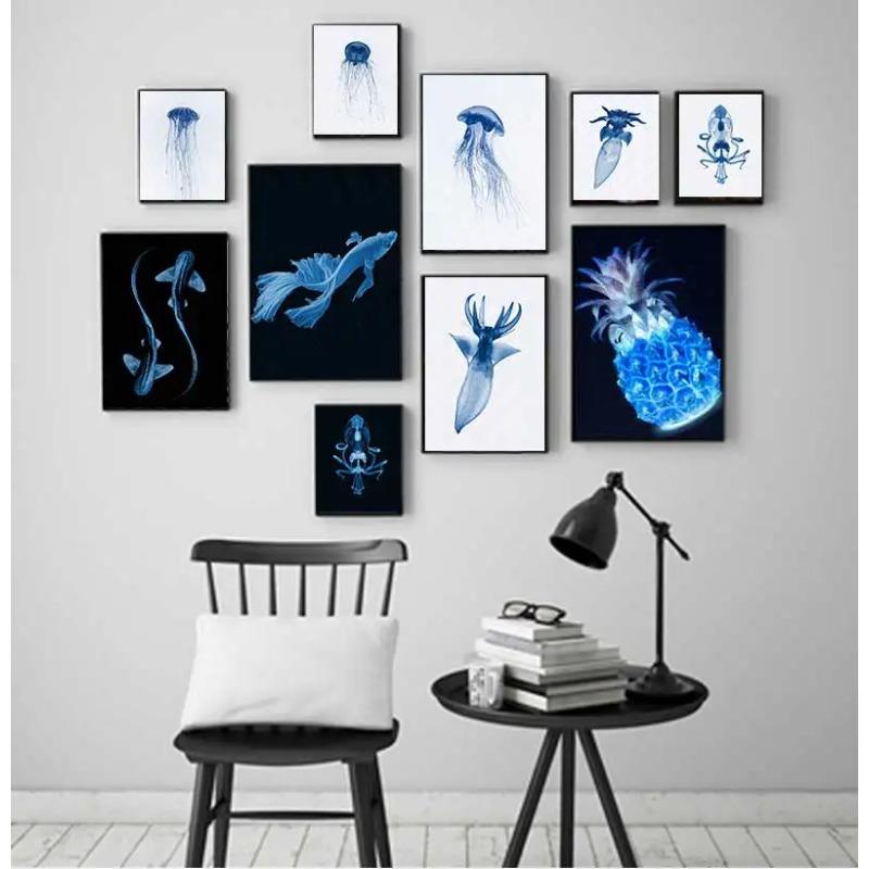 Retro Sea Animal Cyanea Jellyfish Squid Shark Minimalist Art Poster Canvas Painting Wall Prints Picture Living Room Home Decor