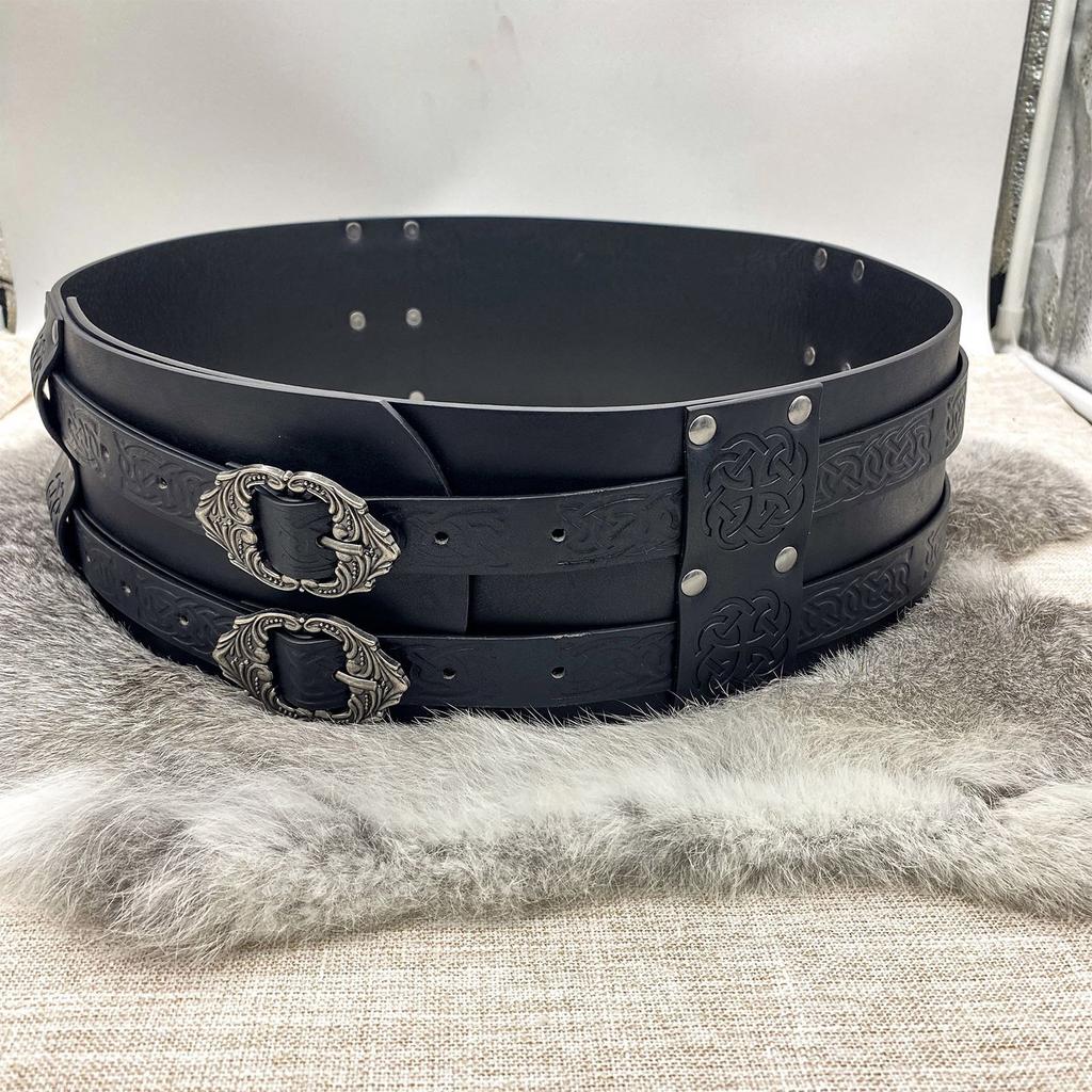 Embossed PU Leather Belt Renassance Medieval Buckle Belt Viking Wide Belt Norse Cosplay Belt Halloween Men Costume